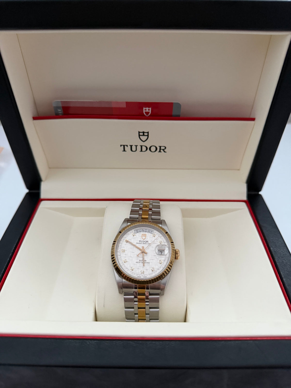 Tudor Prince Day-Date Ref. 76213 Gold Weißes Leinen-Zifferblatt mit Diamanten