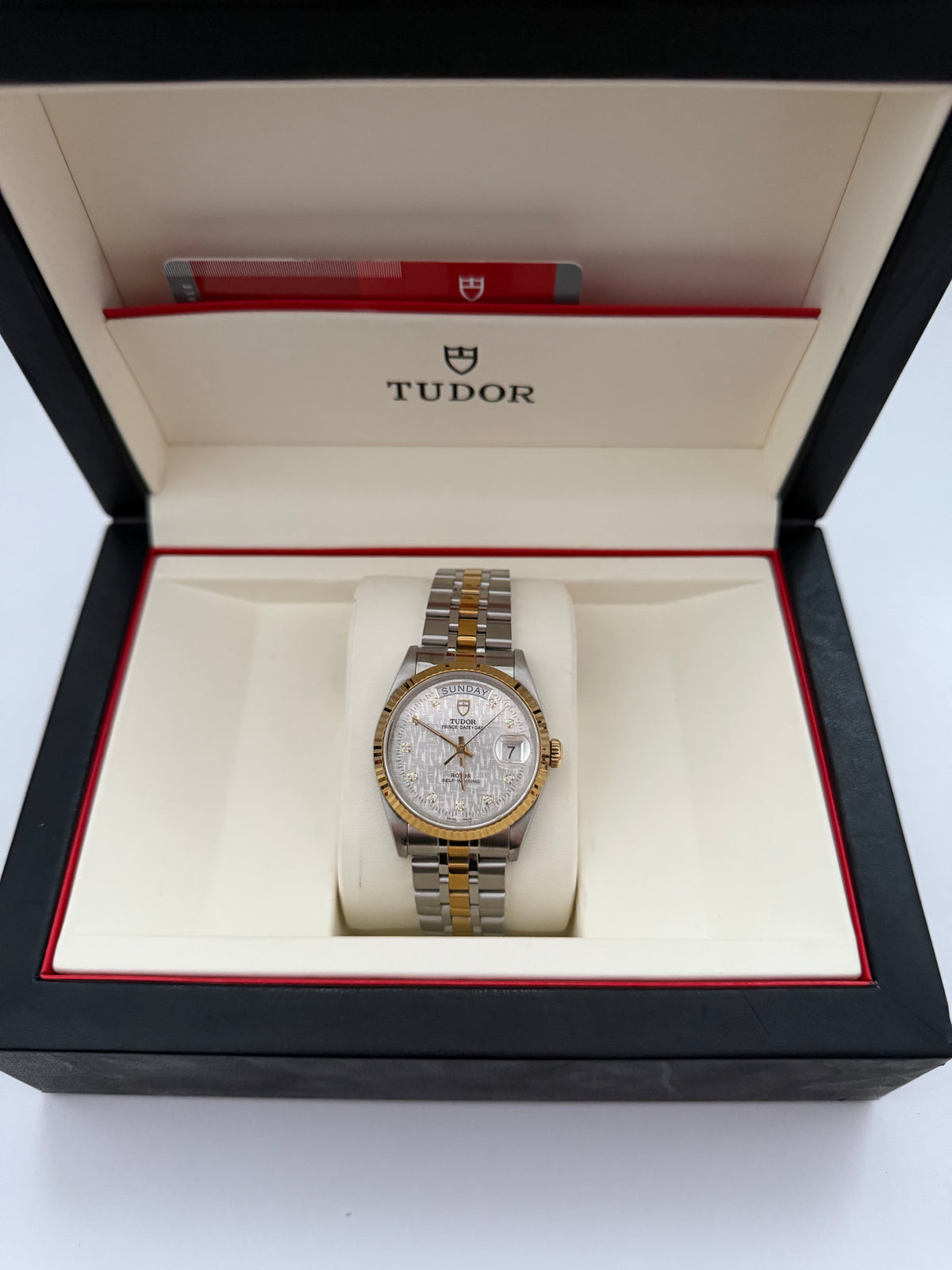 Tudor Prince Day-Date Ref. 76213 Gold Weißes Leinen-Zifferblatt mit Diamanten