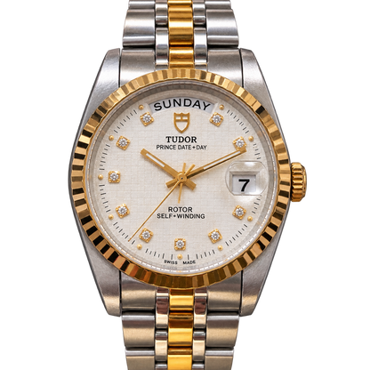 Tudor Prince Day-Date Ref. 76213 Gold Weißes Leinen-Zifferblatt mit Diamanten